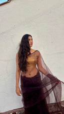 Drape view of the Duchess After Dark Wine Organza Saree by Label Anaira featuring flowing lightweight organza fabric and a deep wine tone.