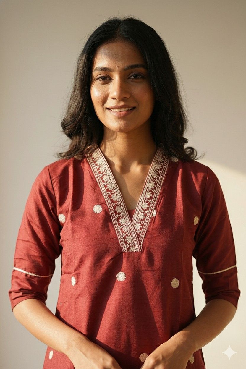 Close-up of embroidered V-neckline and motifs on rust kurta co-ord set