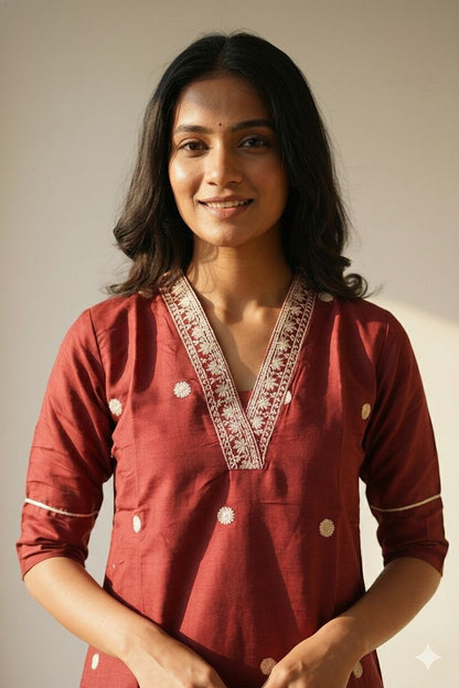 Close-up of embroidered V-neckline and motifs on rust kurta co-ord set