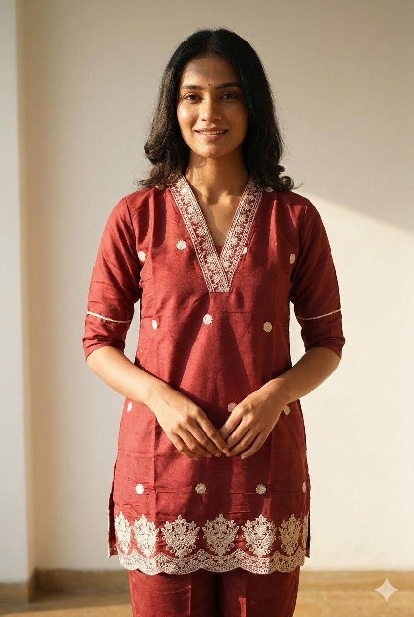 Rust embroidered co-ord set with V-neck kurta and matching pants – Earthen Muse