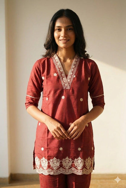 Rust embroidered co-ord set with V-neck kurta and matching pants – Earthen Muse