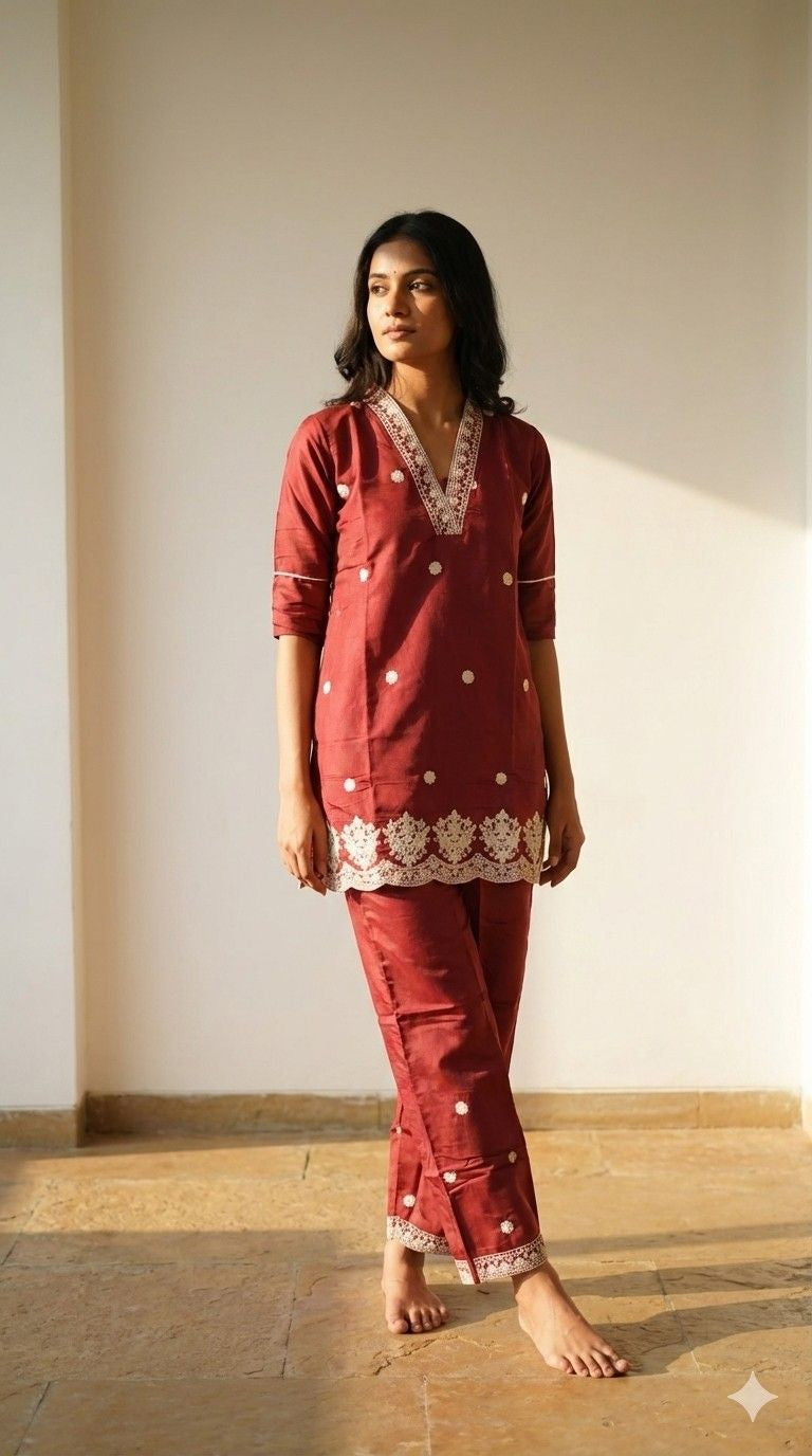Full view of rust co-ord set with embroidered kurta and straight pants