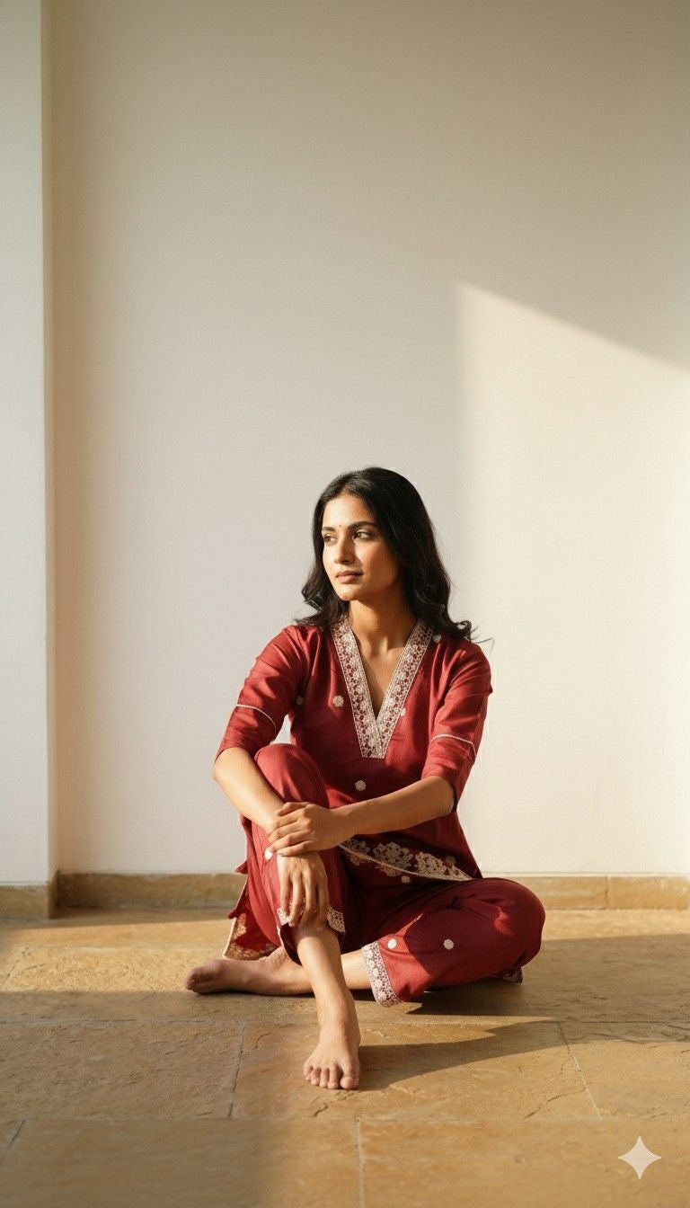 Earthen Muse rust co-ord set featuring embroidered neckline and relaxed fit