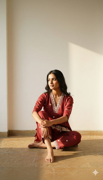 Earthen Muse rust co-ord set featuring embroidered neckline and relaxed fit