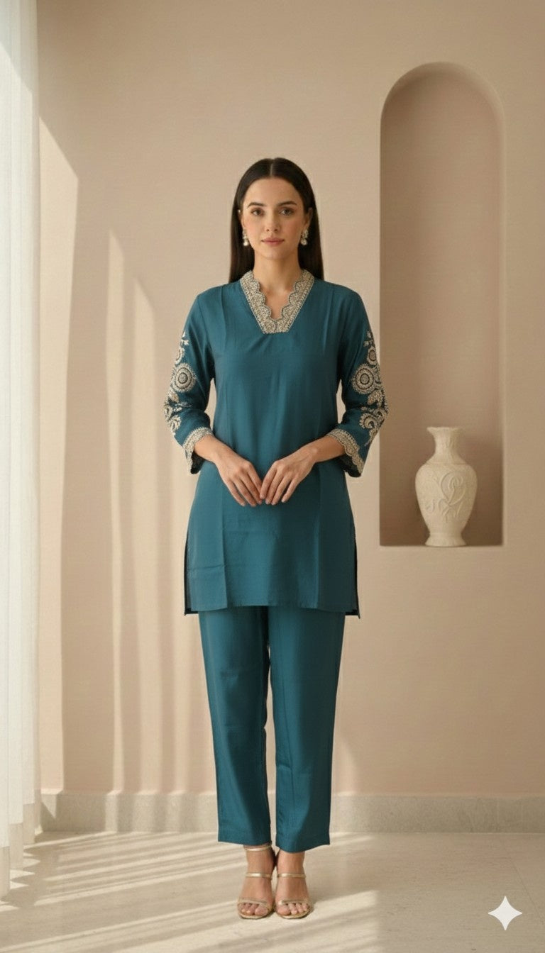 Evergreen co-ord set with embroidered sleeves and neckline, front view