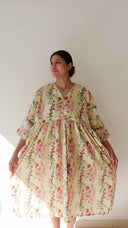 Full length floral linen dress with relaxed fit and skirt stretched