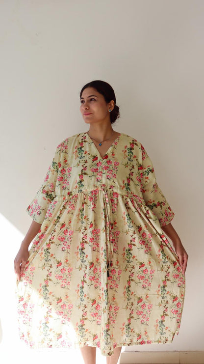 Full length floral linen dress with relaxed fit and skirt stretched