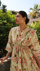 front view in nature of floral linen dress with flowy silhouette