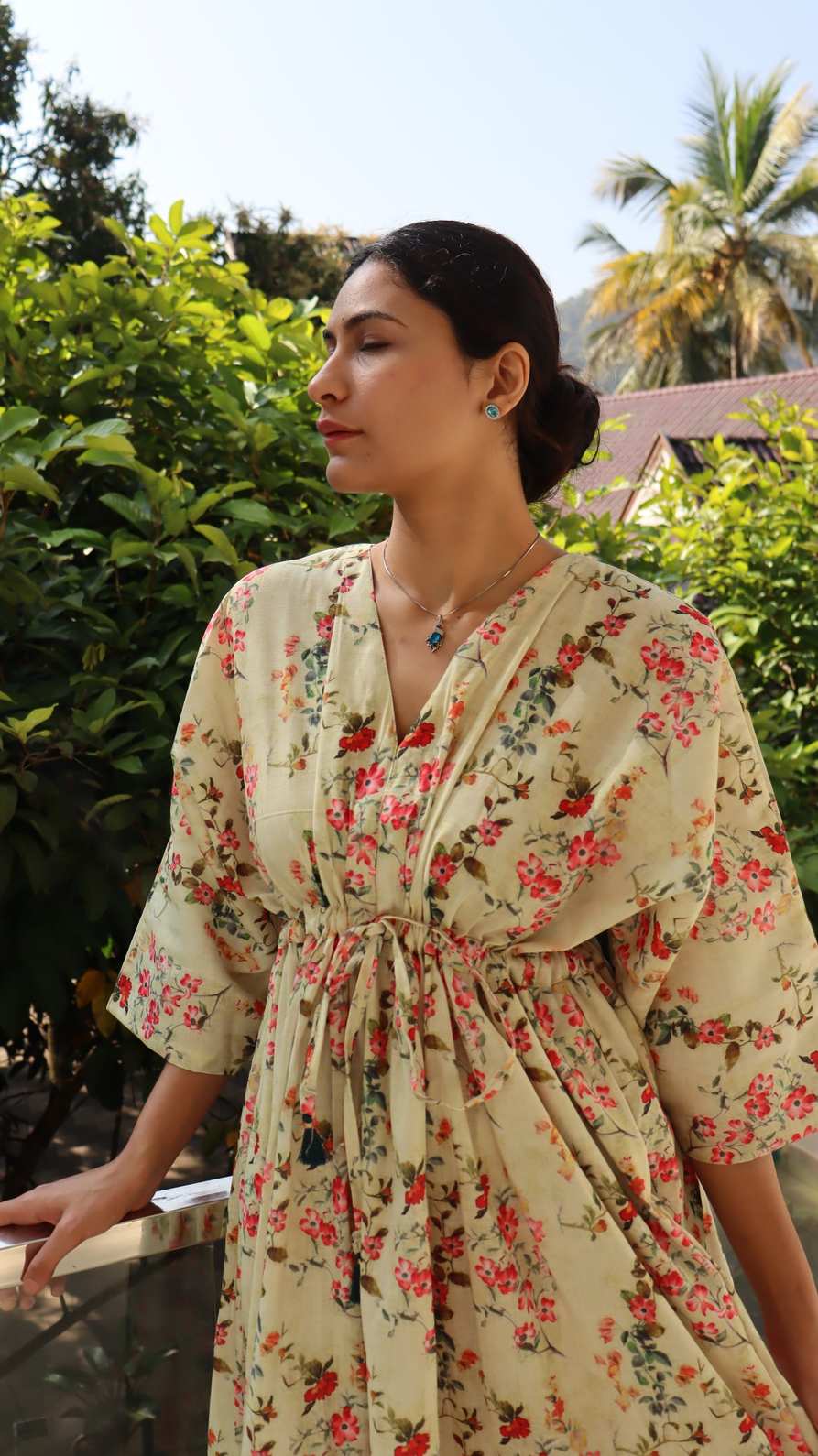 front view in nature of floral linen dress with flowy silhouette