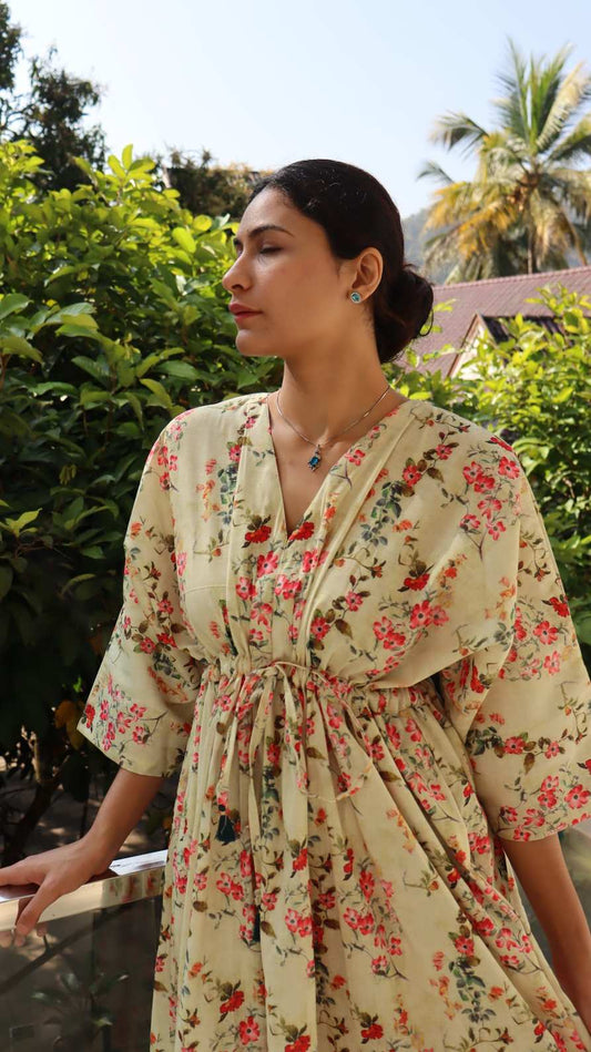 front view in nature of floral linen dress with flowy silhouette