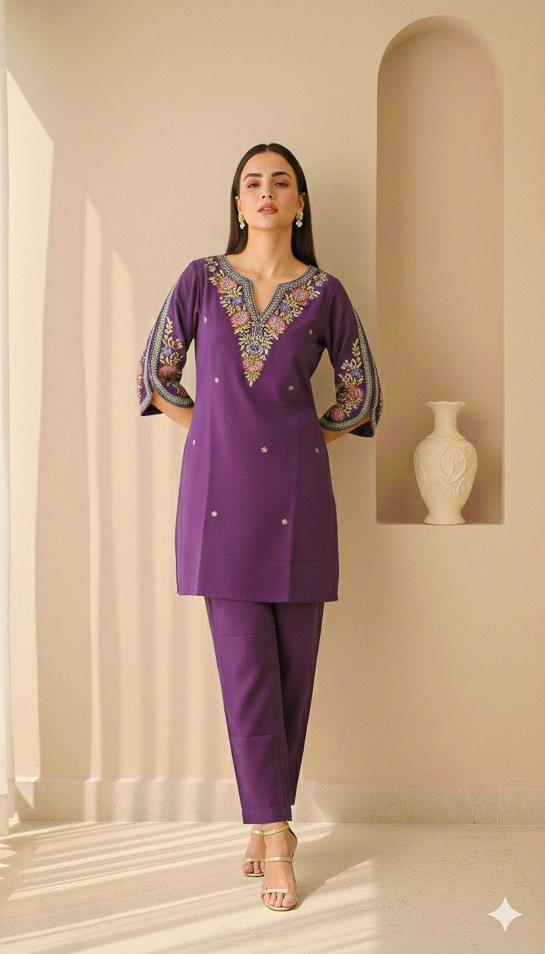 Imperial Violet kurta set featuring intricate embroidery on neckline and sleeves