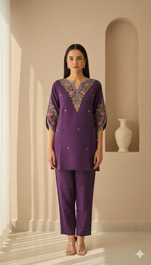 Imperial Violet embroidered kurta set with detailed neckline and straight pants