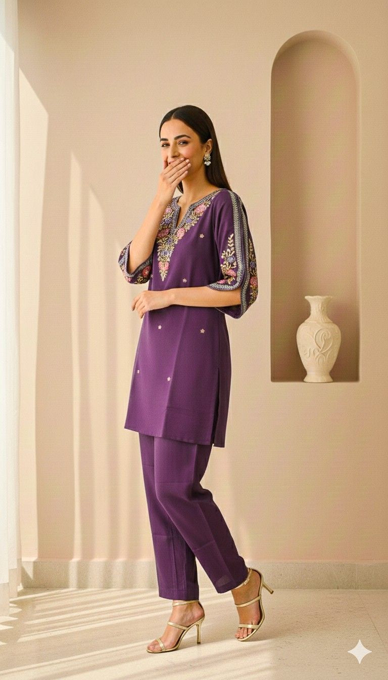 Imperial Violet festive kurta set with elegant embroidery and relaxed silhouette