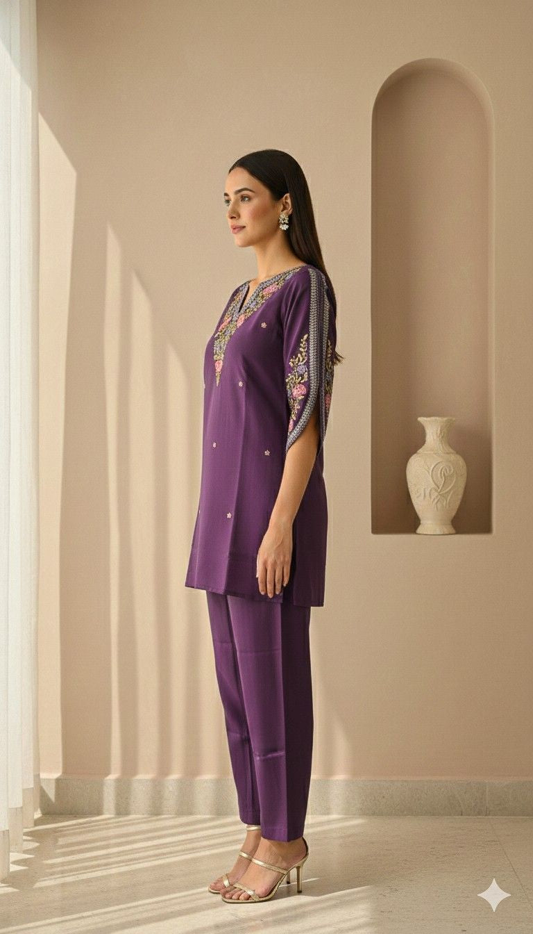 Side view of Imperial Violet kurta set highlighting sleeve embroidery and straight fit