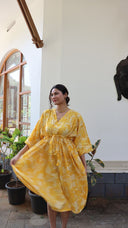 Full length yellow rayon dress with dotted floral print with movement