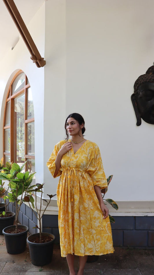 Full length yellow rayon dress with dotted floral print