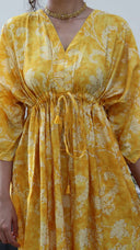 djustable waist tie on marigold yellow rayon dress
