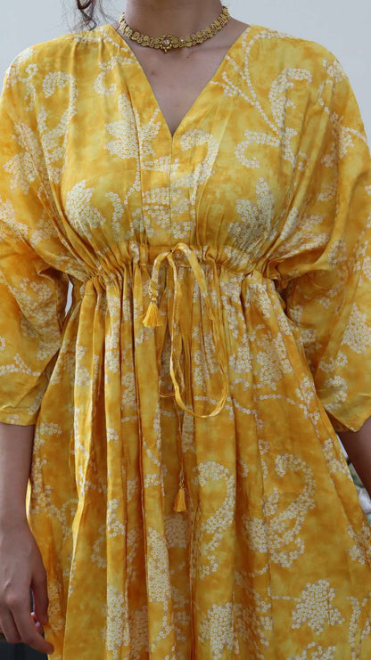 djustable waist tie on marigold yellow rayon dress