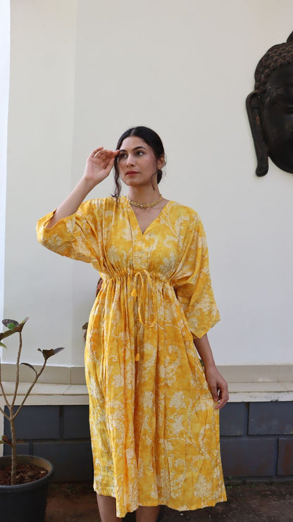 Marigold yellow dotted floral rayon free size dress with pockets for women