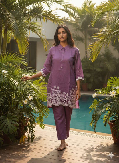 Close-up of floral embroidery on Mauve Petal kurta hem and sleeves