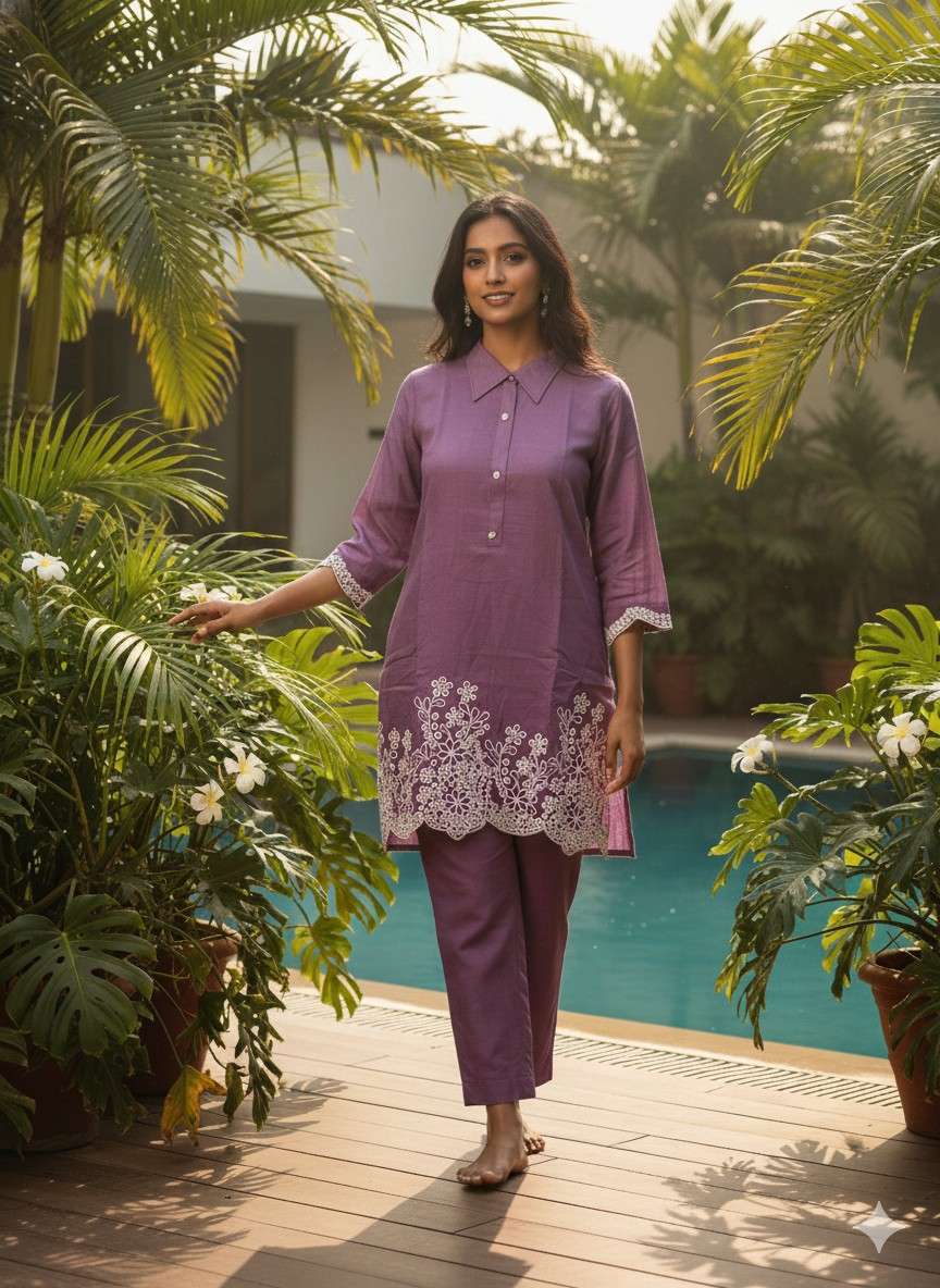 Model wearing Mauve Petal embroidered co-ord set styled for a daytime outing