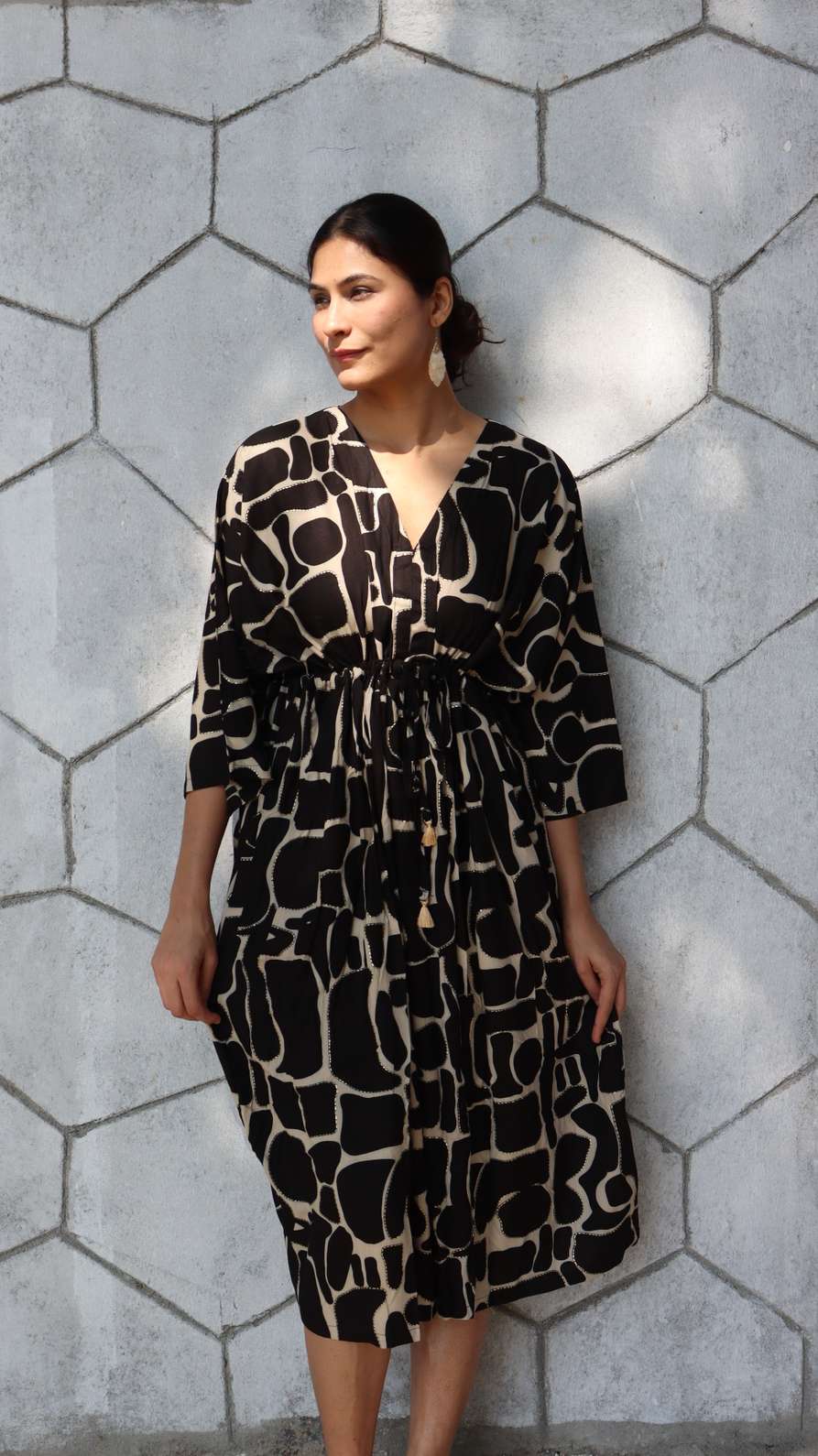 Abstract print rayon free size dress with pockets for women