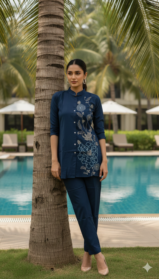 Navy Reverie co-ord set with floral embroidery and pearl-style buttons