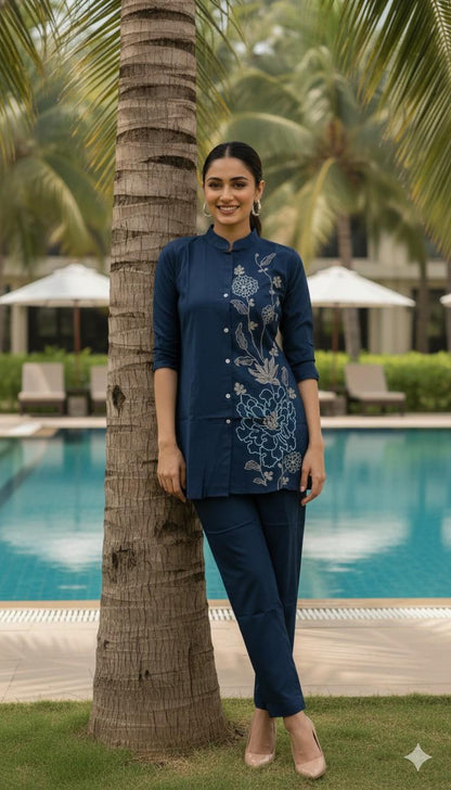 Full-length view of Navy Reverie embroidered co-ord set for women