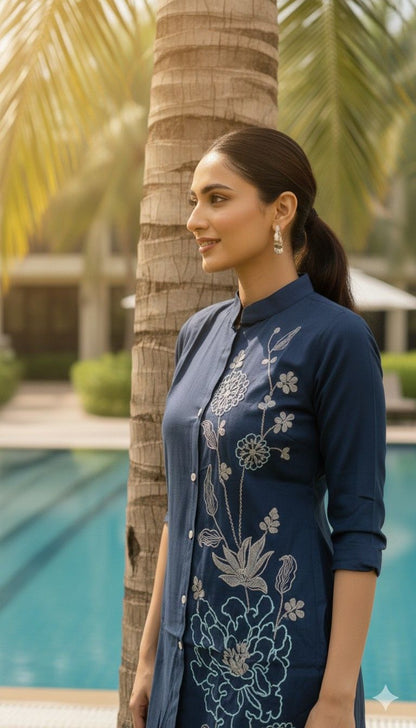 Close-up of embroidered kurta with pearl-style buttons in Navy Reverie co-ord set