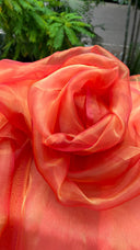 Close-up of orange organza saree with gold shine