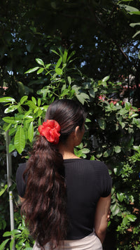 Honey Queen Bee organza scrunchie in a low ponytail