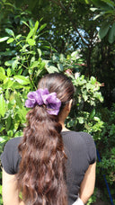 Lavender organza scrunchie in a low ponytail