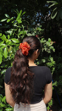 OG Honey Queen Bee organza scrunchie in a low ponytail
