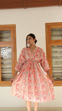 Peach floral leaf print rayon free size dress with pockets for women