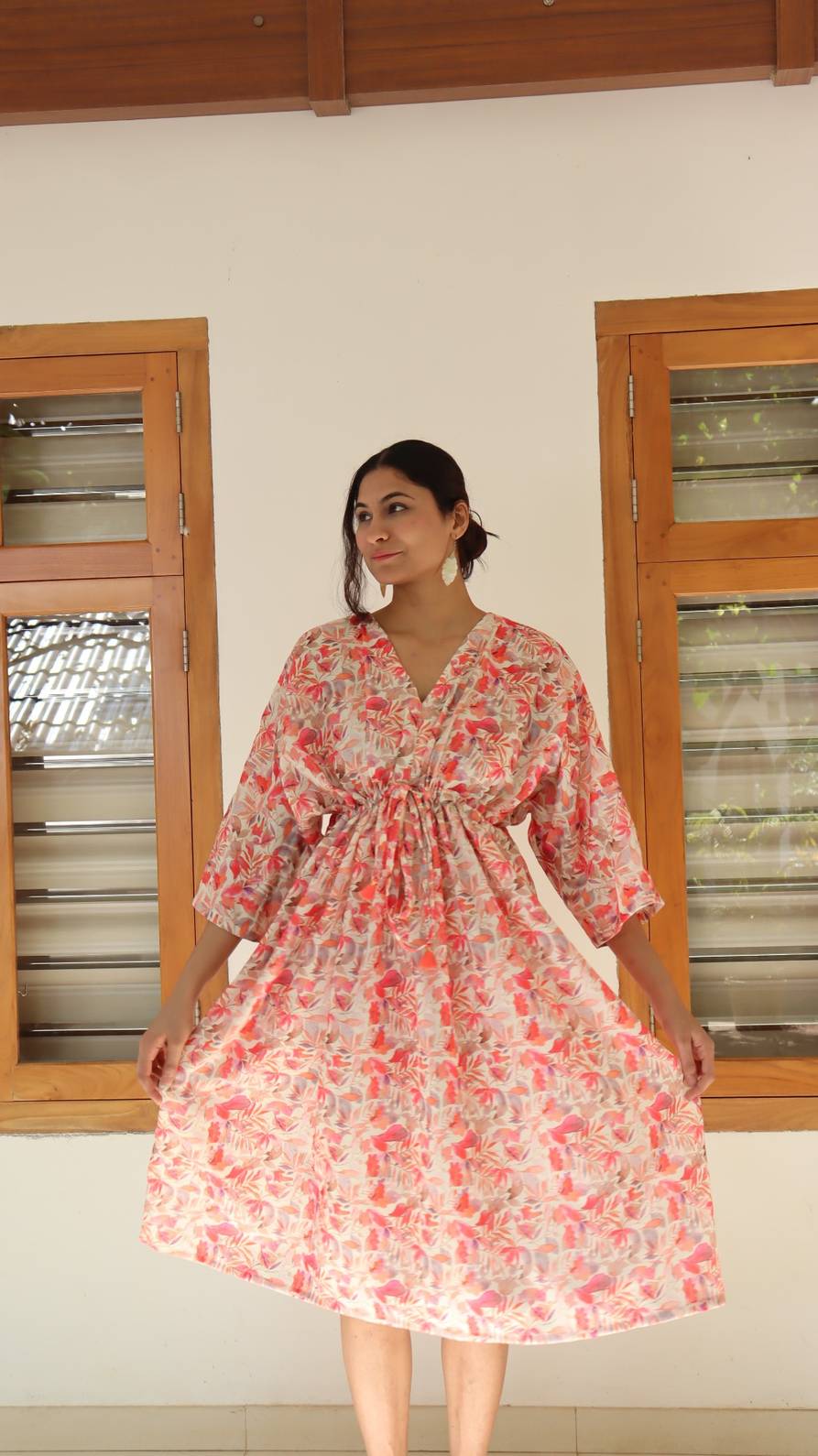 Peach floral leaf print rayon free size dress with pockets for women