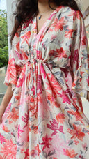 Adjustable waist tie on large floral rayon dress