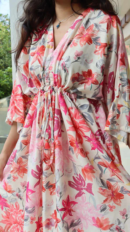 Adjustable waist tie on large floral rayon dress