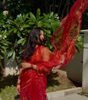 Queen Bee Honey Organza Saree pallu in motion showing golden glow — sheer party wear saree, Label Anaira