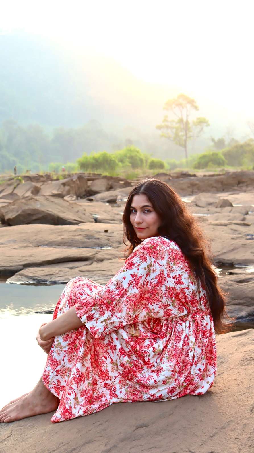 Free size rayon cotton dress shown in a relaxed seated fit, highlighting flowy silhouette and everyday comfort.