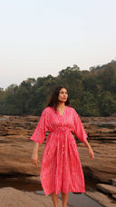 Full length warm pink rayon dress with flowy fit
