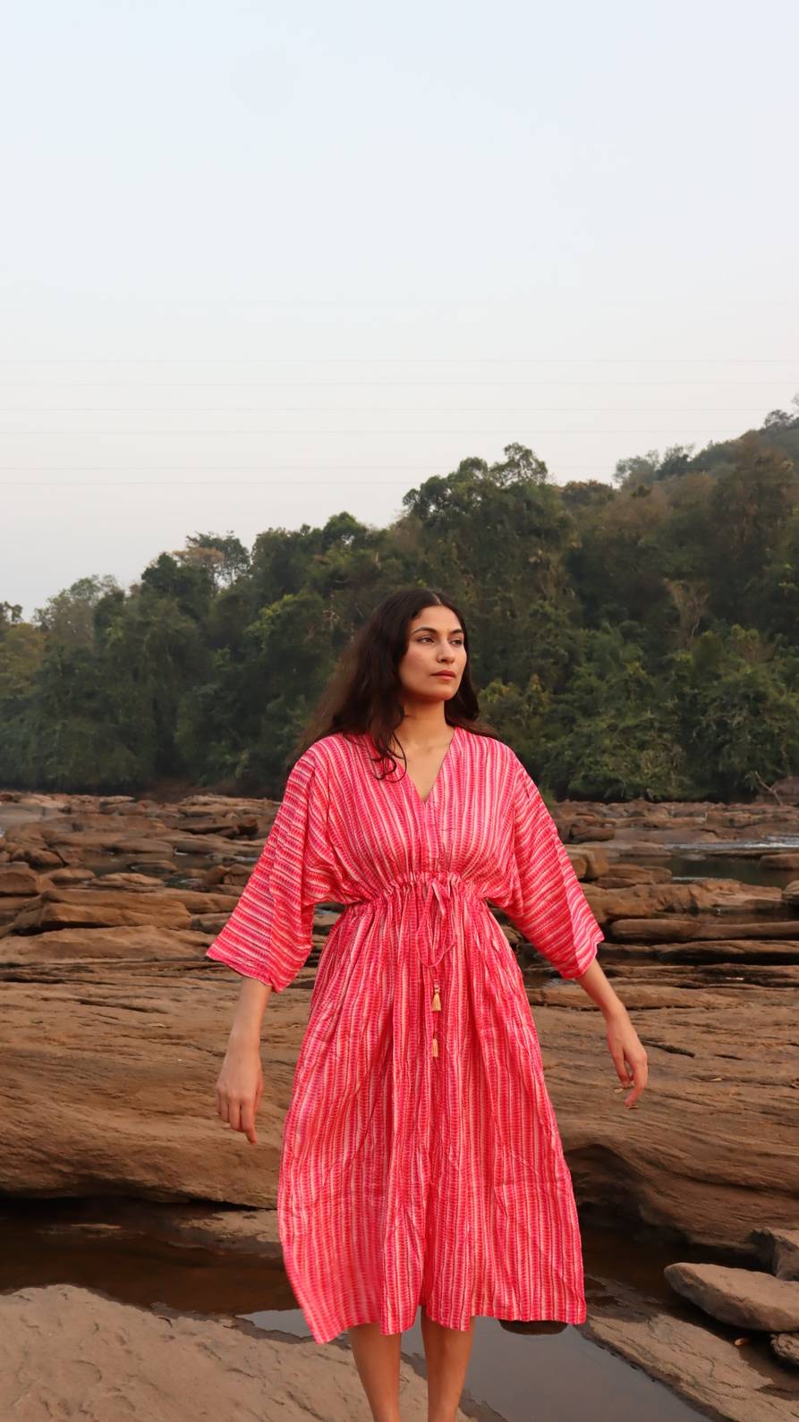 Full length warm pink rayon dress with flowy fit