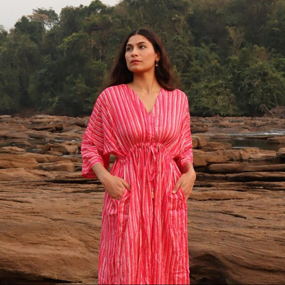 Side pocket detail of warm pink rayon free size dress