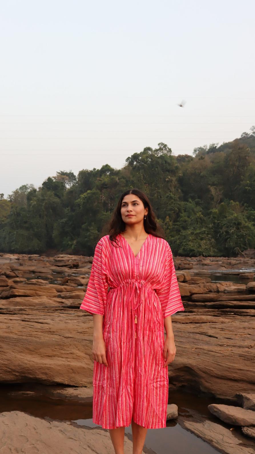 Warm pink rayon free size dress with pockets for women