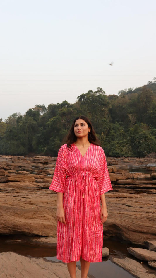 Warm pink rayon free size dress with pockets for women