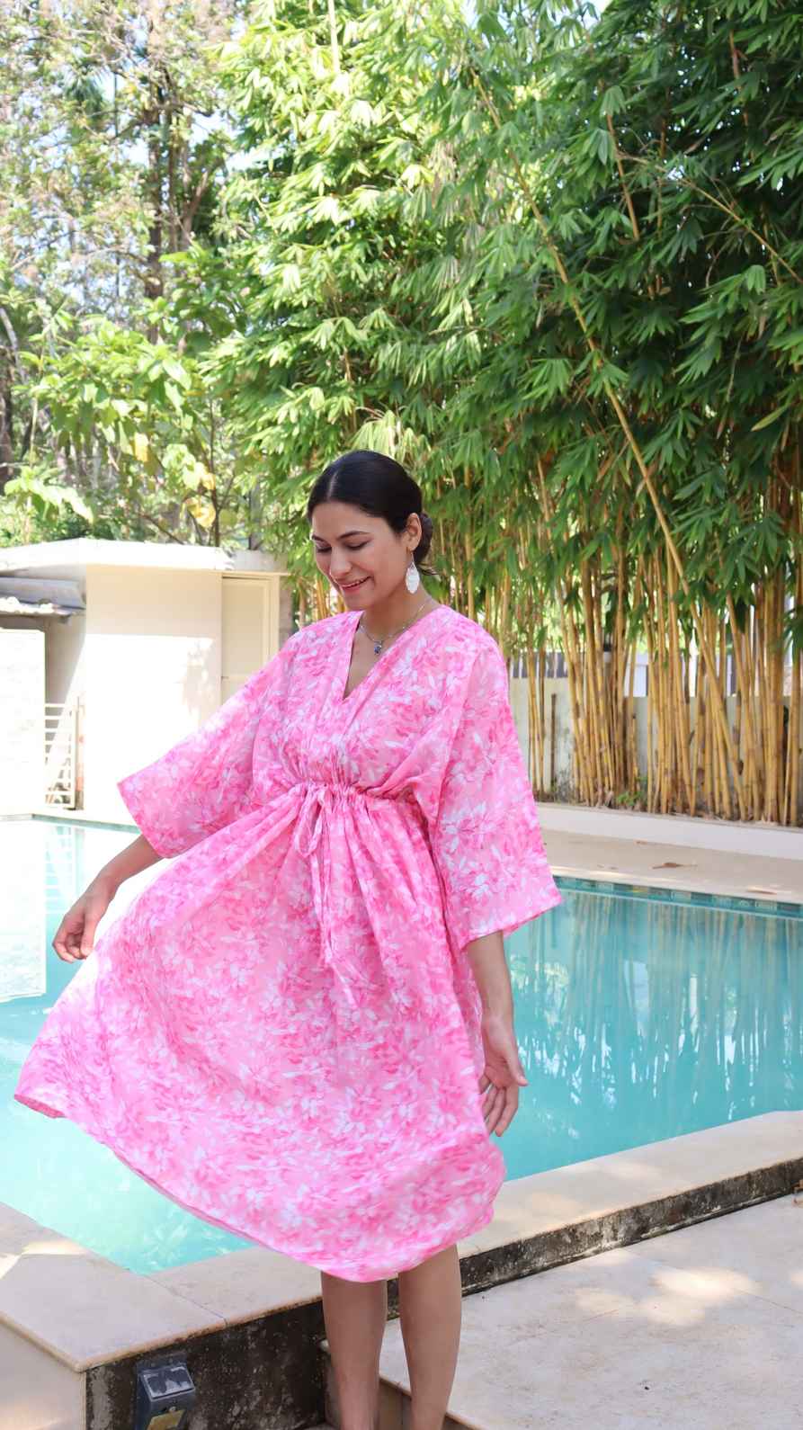 Full length pink sakura blossom linen dress
