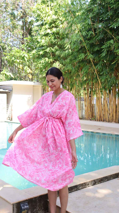 Full length pink sakura blossom linen dress