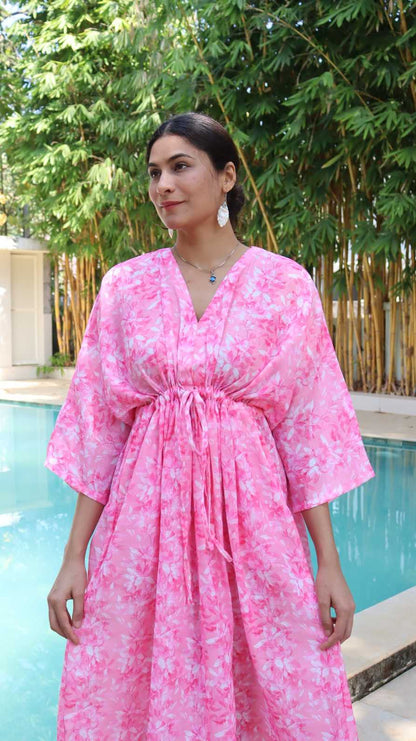 Sakura blossom print linen free size dress with pockets for women