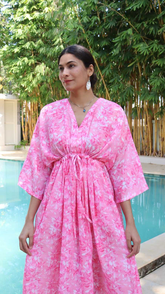 Sakura blossom print linen free size dress with pockets for women