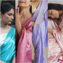 Collage of women wearing satin sarees close up