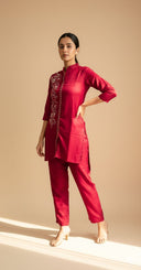 Scarlet Grace elegant red embroidered co-ord set worn with heels